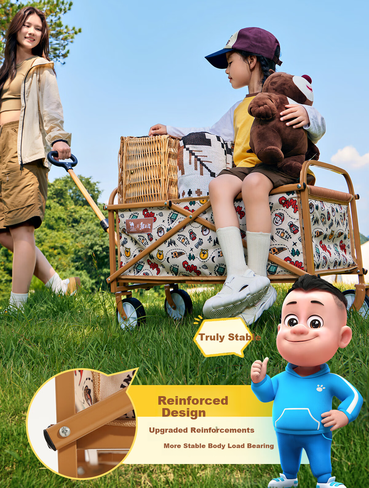 CAMEL [Camel × Boonie Bears] Outdoor Foldable Camping Cart Portable Camp Cart Picnic Cart Child Recliner 12
