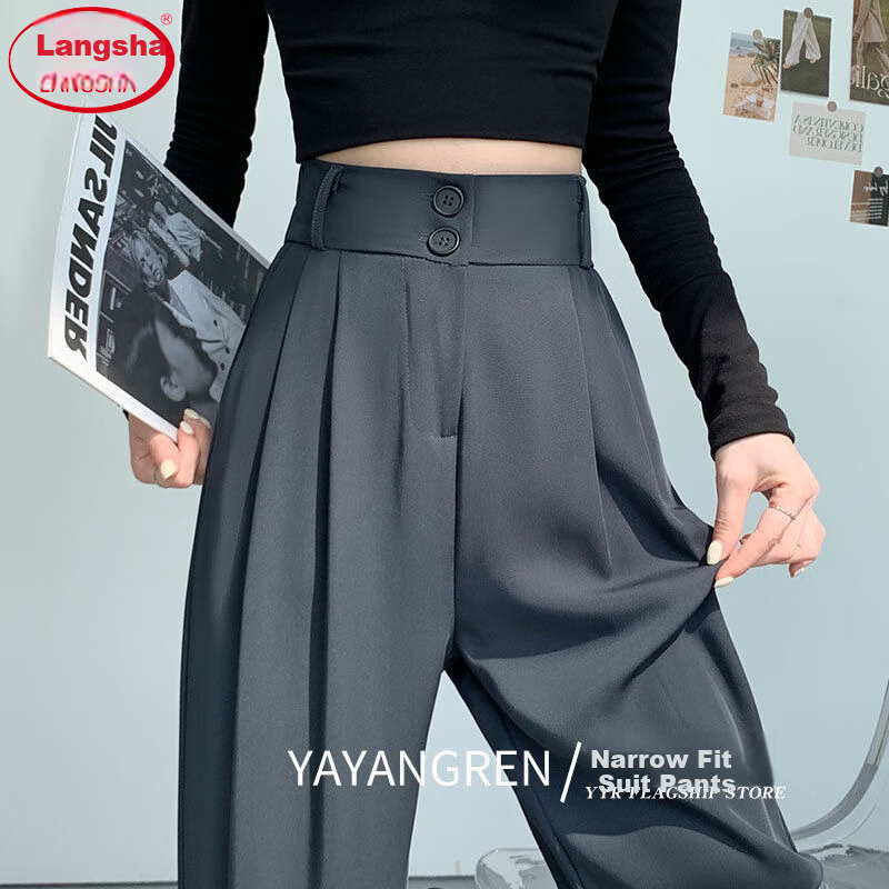 LangSha Women's Autumn New Double Button High Waist Draped Office Elegant Dress Pants Casual Wide Leg Trousers
