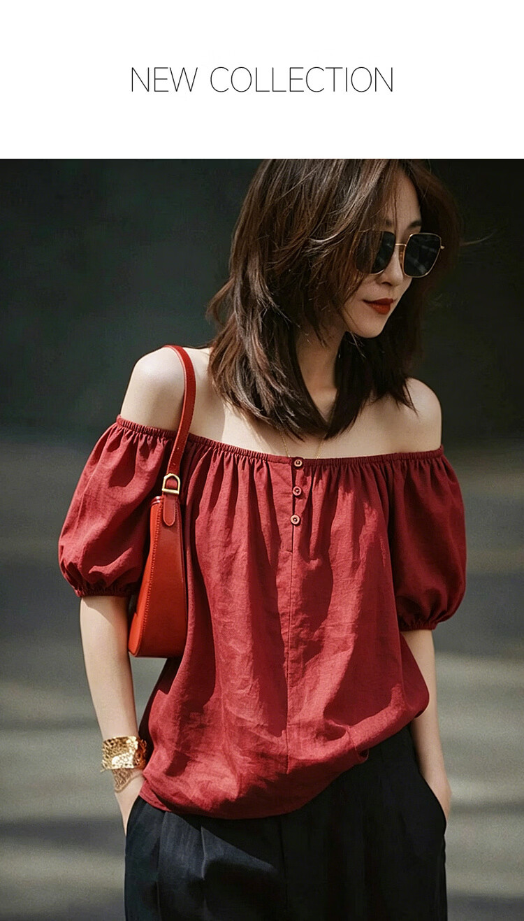 MT Elastic Strap Off-Shoulder Round Neck Dual-Wear Summer Lightweight Linen Cotton Blend Shirt Elegant Women's Blouse Top 1