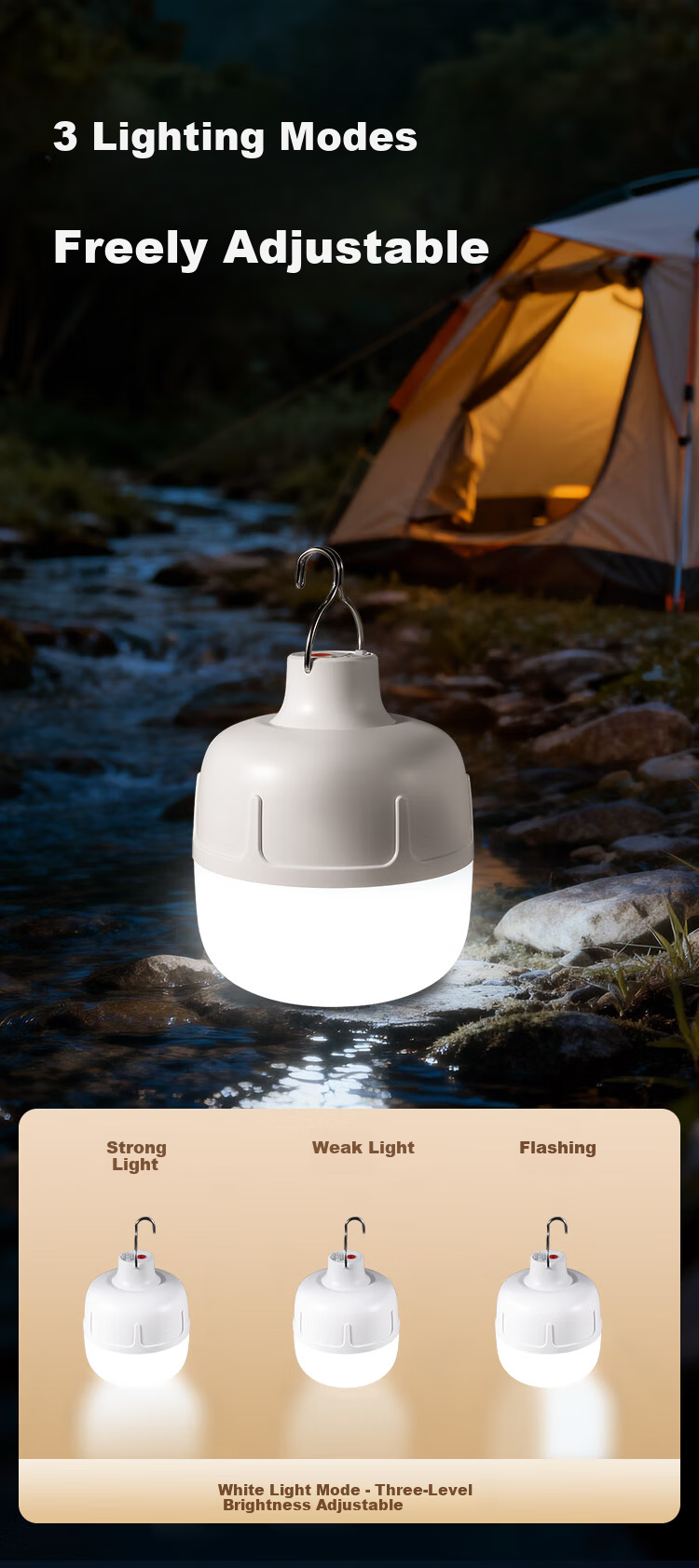 JD Jingzao Camping Lantern Outdoor Lighting Night Market Stall Super Long Battery Life Rechargeable Bulb Emergency Hanging Light 400 Lumens 7