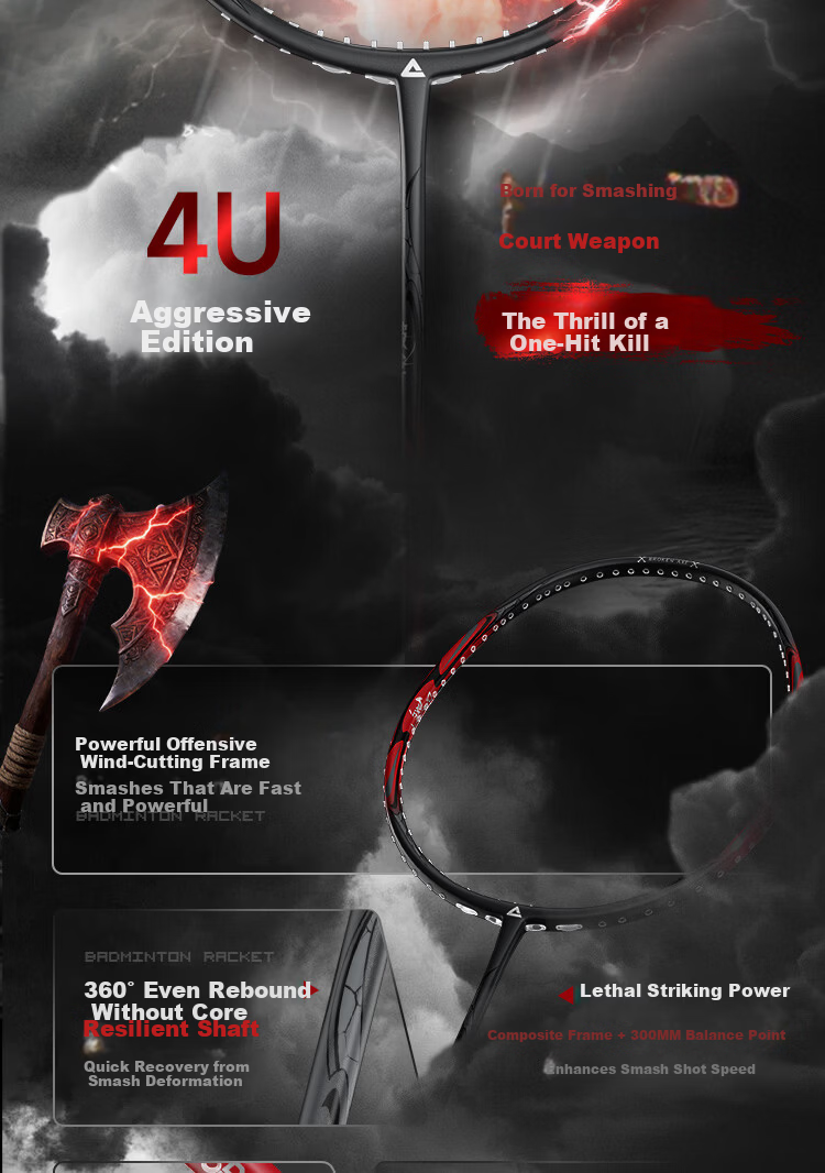 PEAK Carbon Fiber Badminton Racket Offensive 4U Ultra-Light High-Performance Adult Student Competition Training Single Racket Gray Red 2
