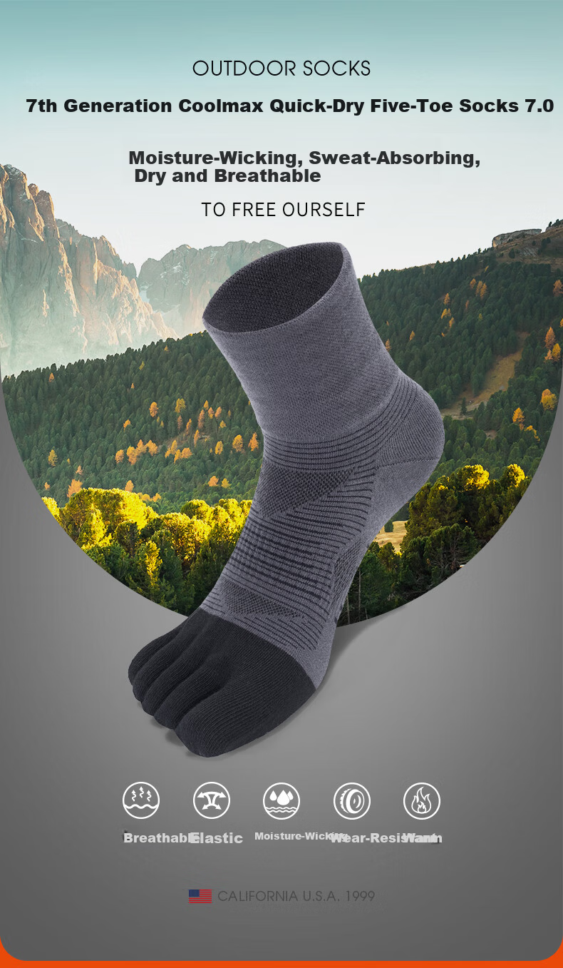 TFO DuPont Coolmax Five-Toe Socks Comfortable Breathable Quick-Dry Sports Socks A2202435 Men's Blue 2