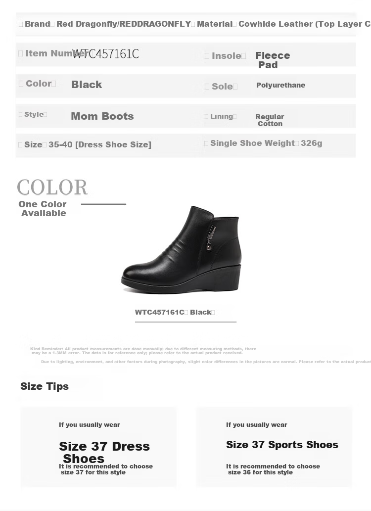 Red Dragonfly Women's Winter Short Boots Fleece Lined Warm Lightweight Soft Sole Cotton Boots Versatile Commuter Mom Boots WTC457161C Black Size 37 6