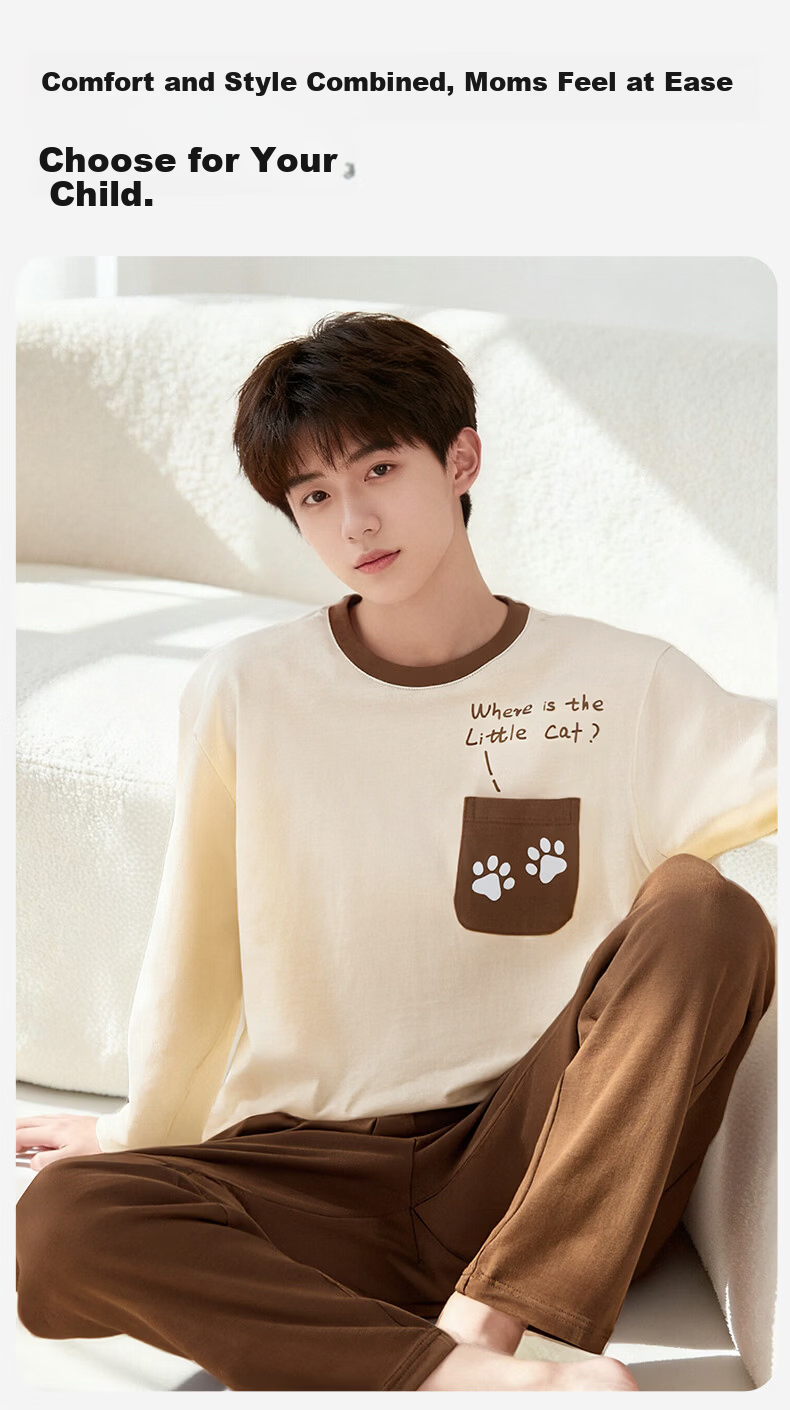 Dingguagua Spring Autumn Pure Cotton Boys' Pajama Set Youth Large Size Thin Long Sleeve Homewear Milk White 160 4