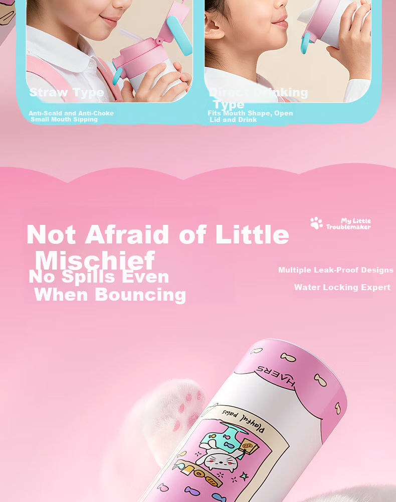 HAERS Kids Insulated Water Bottle Girls High-Quality 316L Stainless Steel Portable Straw Cup Cheese Custard 500ml 8