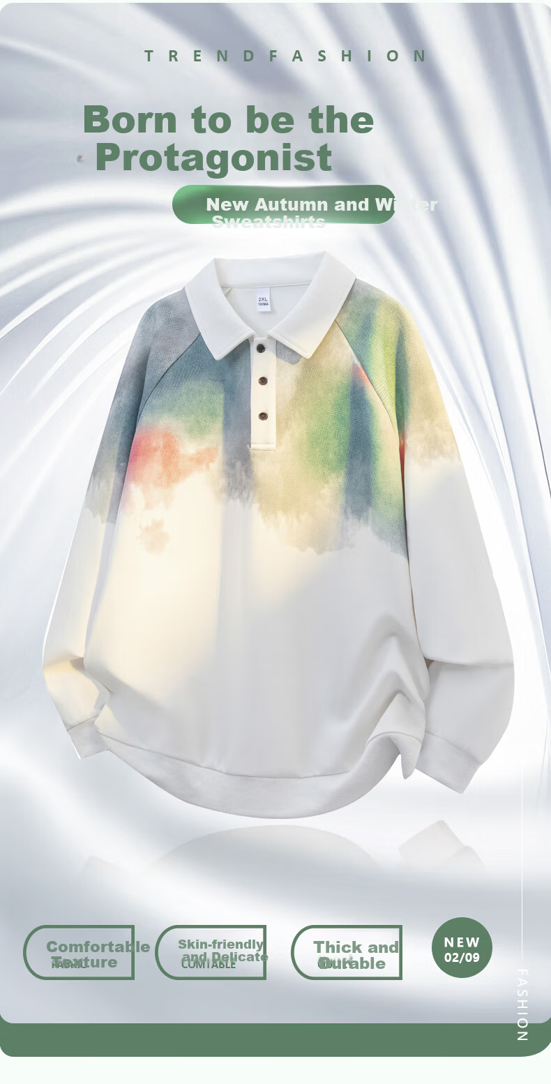 Dingfengbaoluo Men's American Style Lapel Sweatshirt Spring Ink Splash Print Loose Casual Long Sleeve XKP10 White 2XL 2