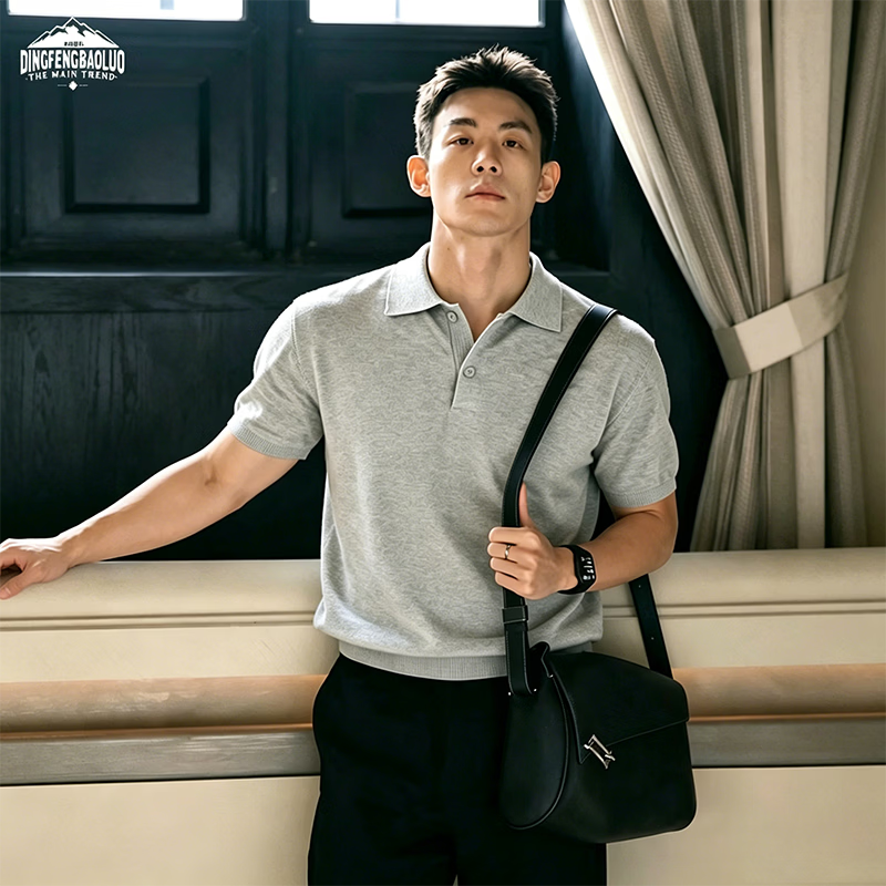 Dingfengbaoluo Vintage Old Coin Style Short Sleeve Men's Summer Luxury Business Polo Knit Casual Shirt KK65 Black 2XL