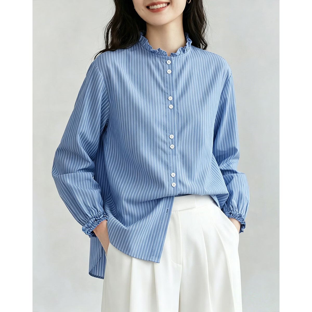 Demana [Pure Cotton Whisper] Spring Korean Style Lace Stand Collar Striped Loose Long Sleeve Commuter Shirt Women's Top