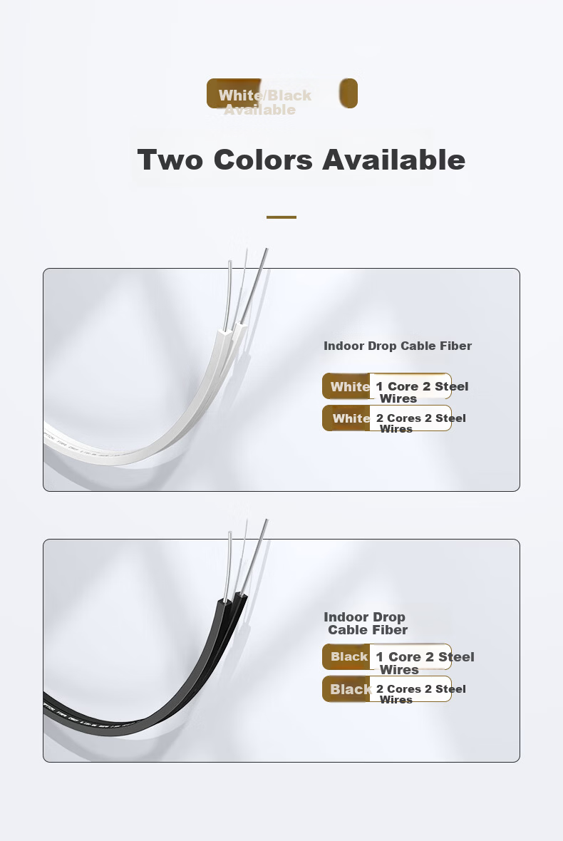10,000-Level Fiber Optic Drop Cable Telecom Grade FTTR Fiber to the Home Indoor Butterfly Single-Mode Single-Core 1-Core 2 Steel Wire Optical Cable White 50m 2-19211 10