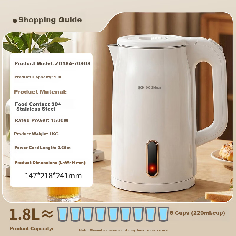 CHIGO Electric Kettle 1.8L Double-Layer Anti-Scald Stainless Steel Water Boiler High Power Fast Boiling Household Kettle