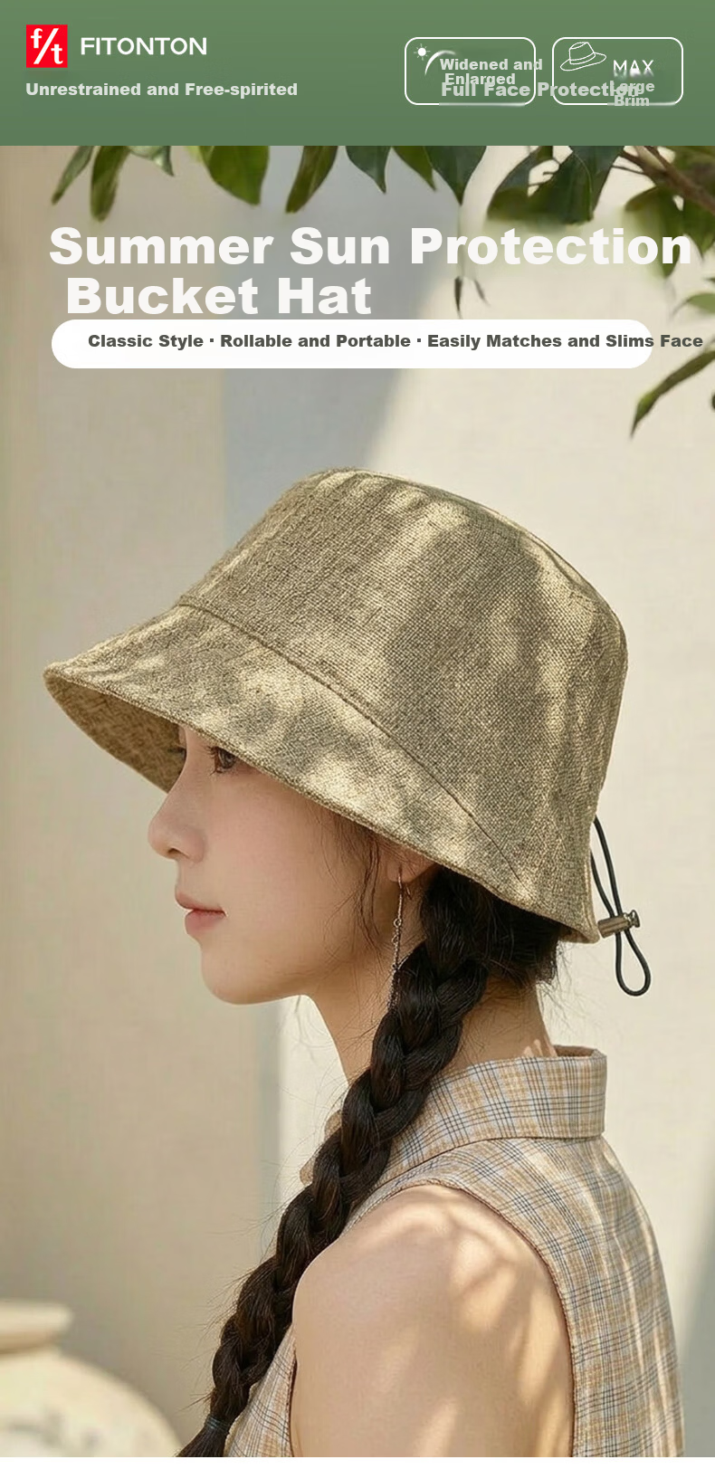 FitonTon Women's Summer Sun Protection Hat UV Protection Travel Simple Bucket Hat Face Shield Anti-Sunburn 1