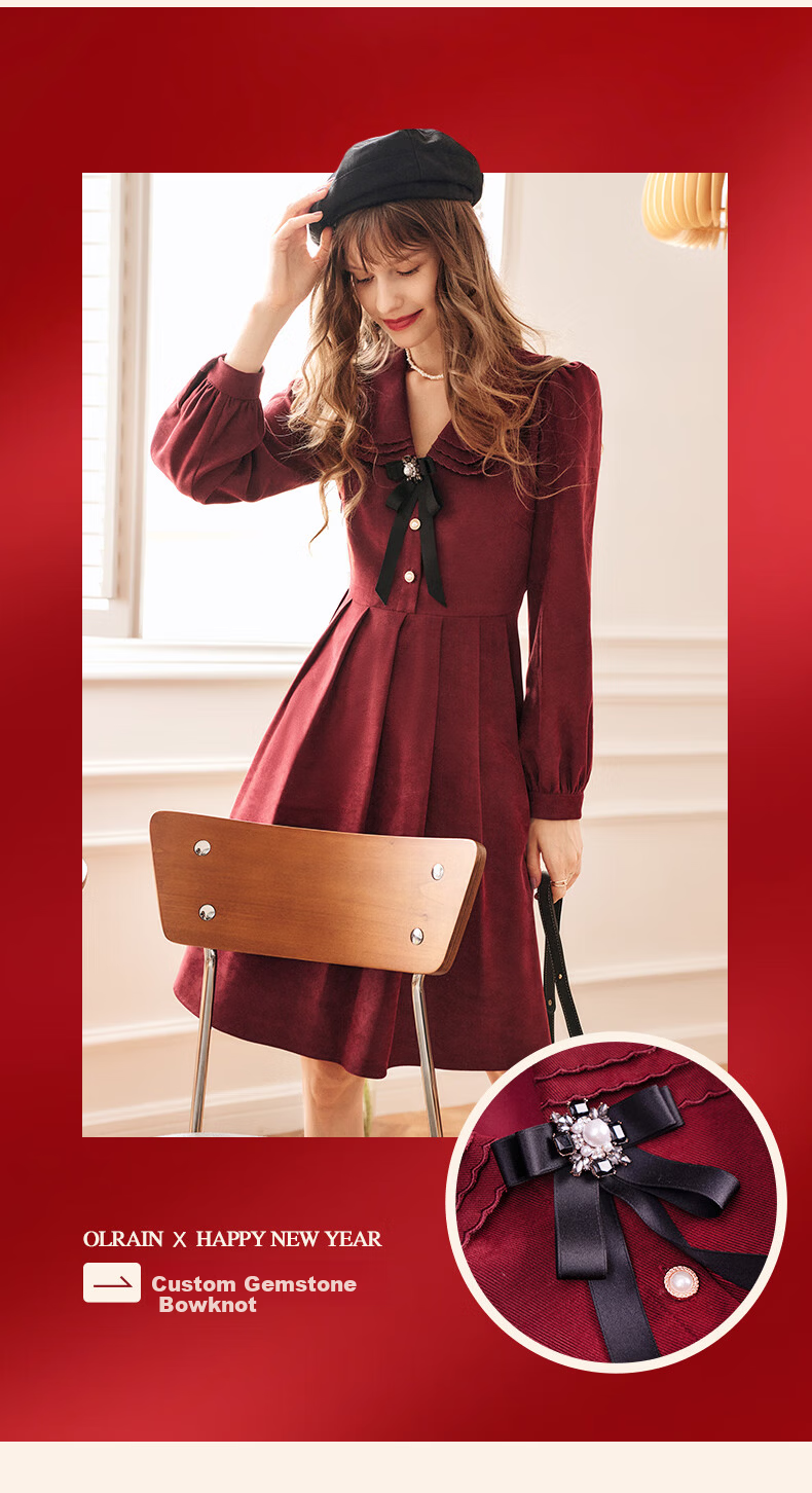 Olrain New Year Red Dress Women's Hepburn Style Little Red Dress Zodiac Year Clothing Red (Upgraded Version) L 12