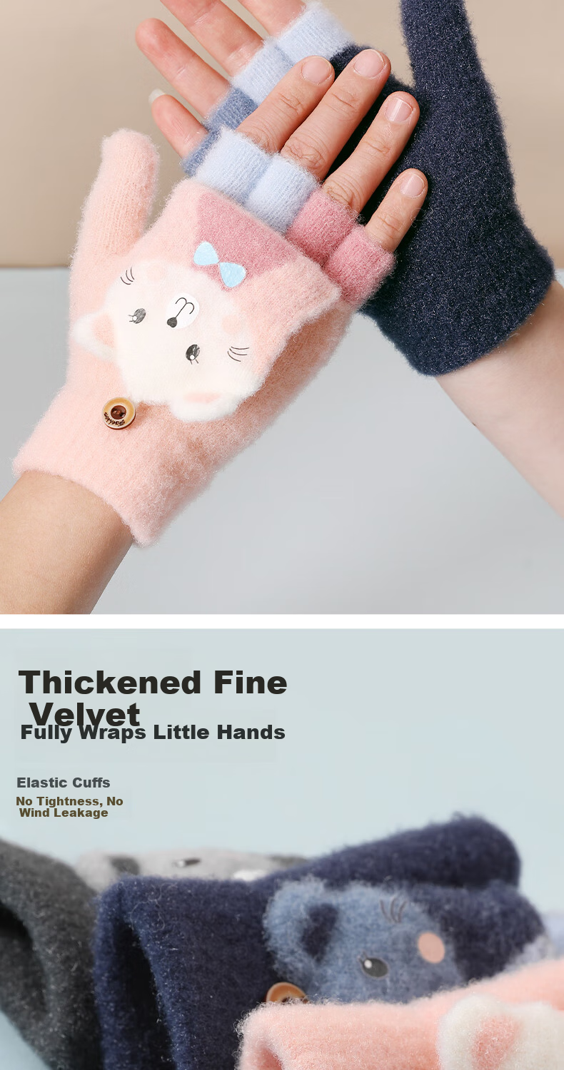 Langsha Children's Warm Gloves Cute Flower Cat Autumn Winter Baby Five-Finger Detachable Full Finger Gloves for Boys and Girls Elementary Students 5