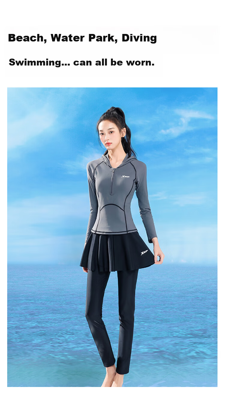 Xtep Women's Long Sleeve Long Pants Swimsuit Slimming Two-Piece Modest Plus Size Training Wetsuit 12