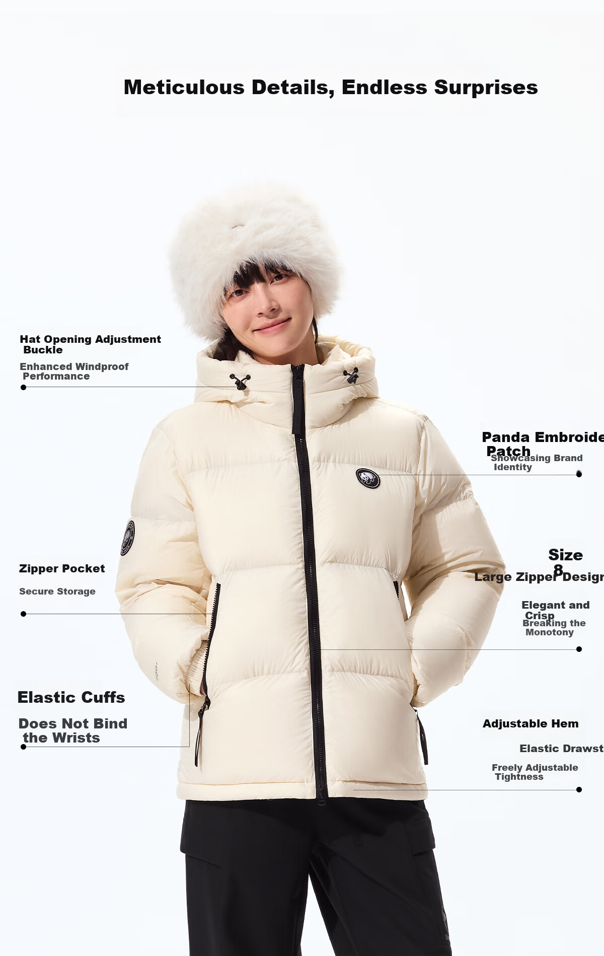 Panda Camel Series Bubble Duck Down Jacket Unisex Autumn Winter Warm Fluffy Puffer Coat 9844 White M 11