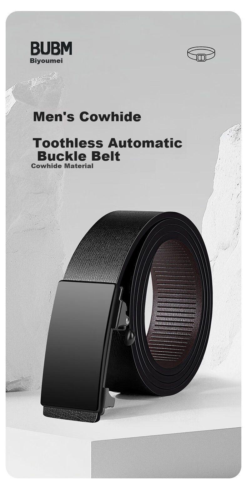 Biyoumei Men's Genuine Leather Ratchet Belt Automatic Buckle Fashion Business Practical Gift Black 120cm 1