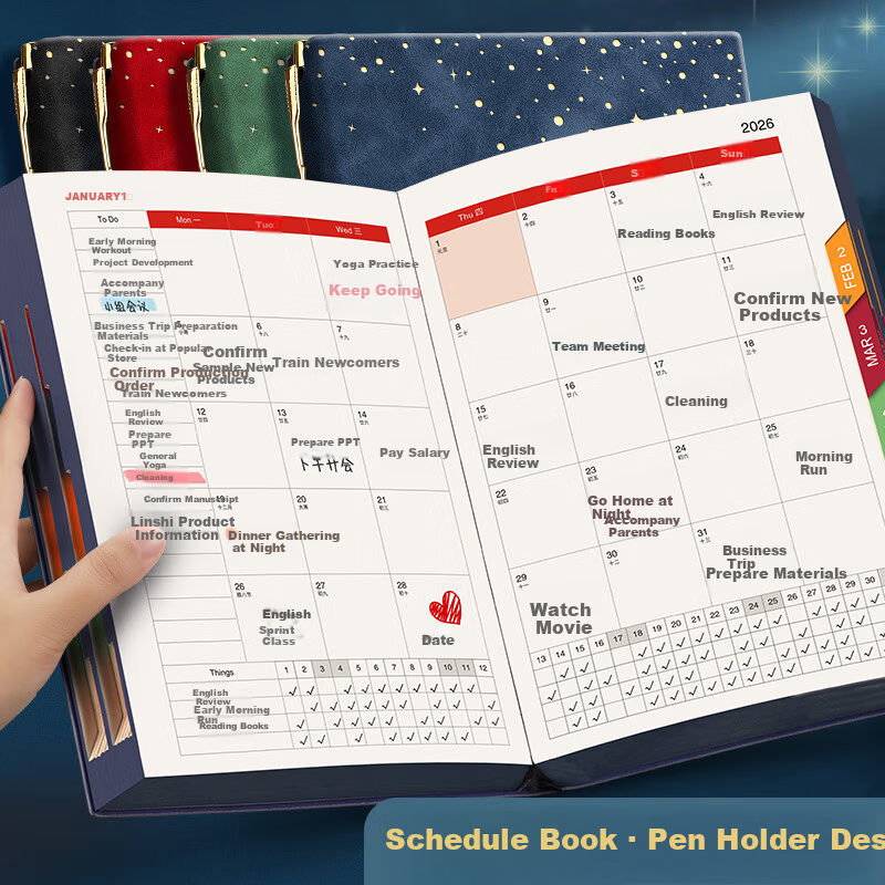 Platinum Lady 2026 Daily Planner One Page Per Day Time Management Efficiency Schedule Notebook Calendar Journal Starry Sky Texture Study Check-in Monthly and Daily Planner Dark Blue