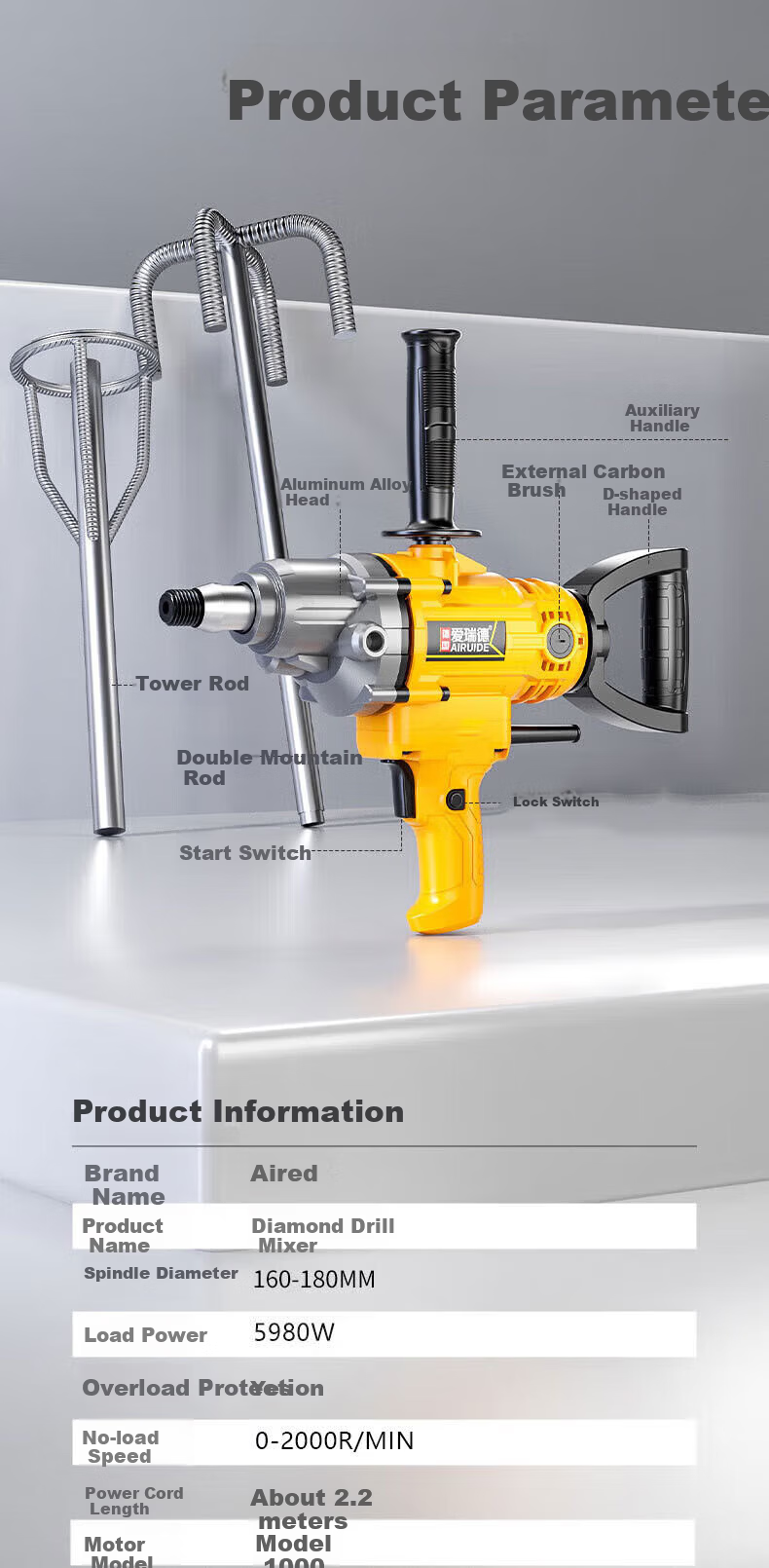 Aired Diamond Drill Mixer Putty Powder Paint Electric Cement Mortar Plastering Machine Power Tool 9