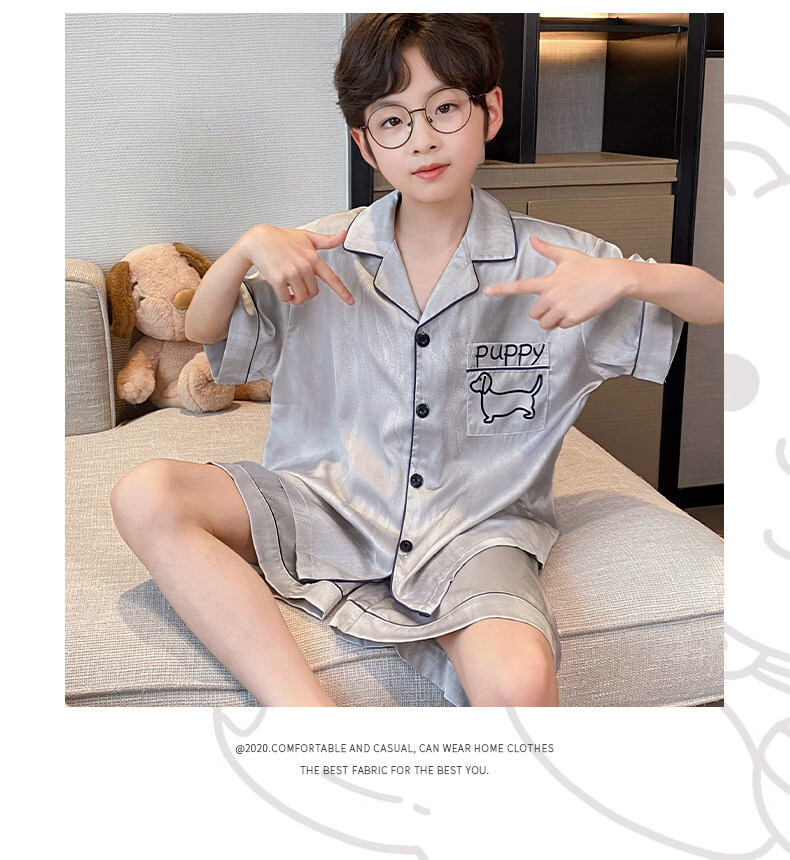 Langsha Children's Pajamas Boys Youth Summer Thin Lightweight Ice Silk Short Sleeve Two-Piece Homewear 2026 New Model 11