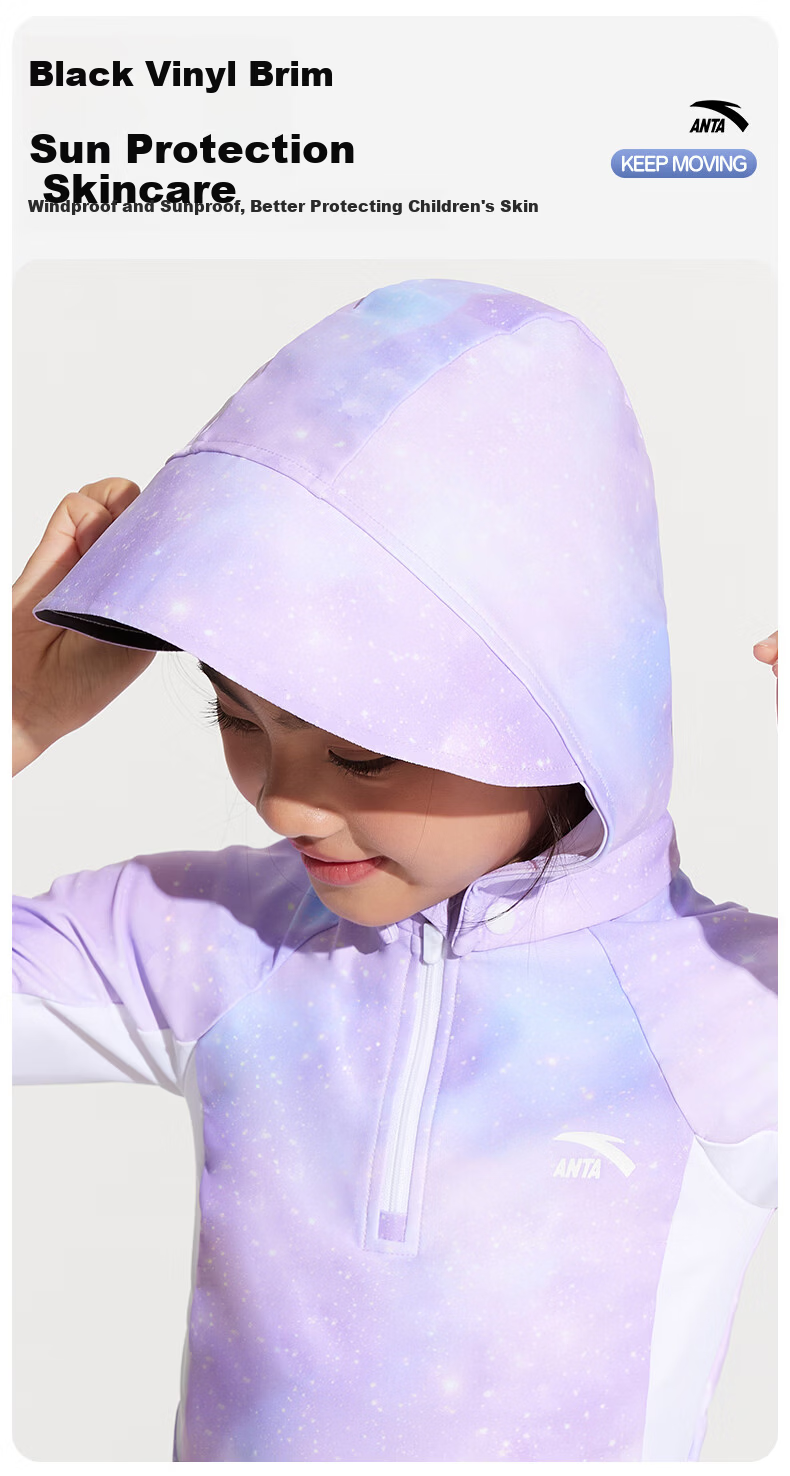 ANTA Kids Girls Two-Piece Long Sleeve Sun Protection Hooded Surfing Swimsuit Training Quick-Dry Hot Spring Swimwear 140 7