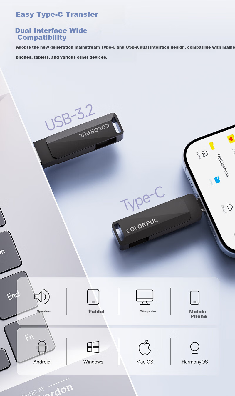 Colorful 128GB Type-C Dual Interface USB 3.2 Flash Drive 550MB/s High-Speed USB Drive for PC, Android, and Apple Devices 6