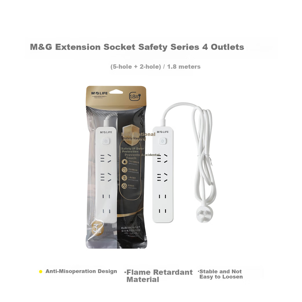 M&G New Anti-Misoperation 750°C Flame Retardant Power Strip with Electric Shock Protection Safety Shutter, 4 Outlets, 1.8m Cord, 5+2 Socket, Single Pack AEA986C3