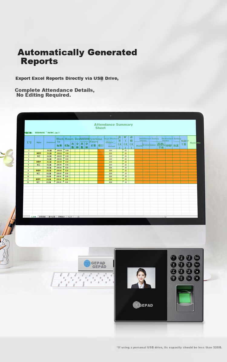 GEPAD Fingerprint Attendance Machine, Bluetooth Connected Mini Program for Attendance Management, Simple Software-Free Self-Generating Reports, ZMQ-330W 4