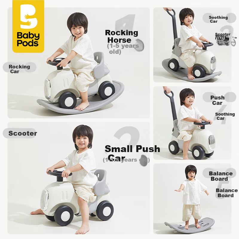 Babypods 6-in-1 Multifunctional Rocking Horse Ride-On Car Wooden Rocker Baby Toy for Boys and Girls First Birthday Gift