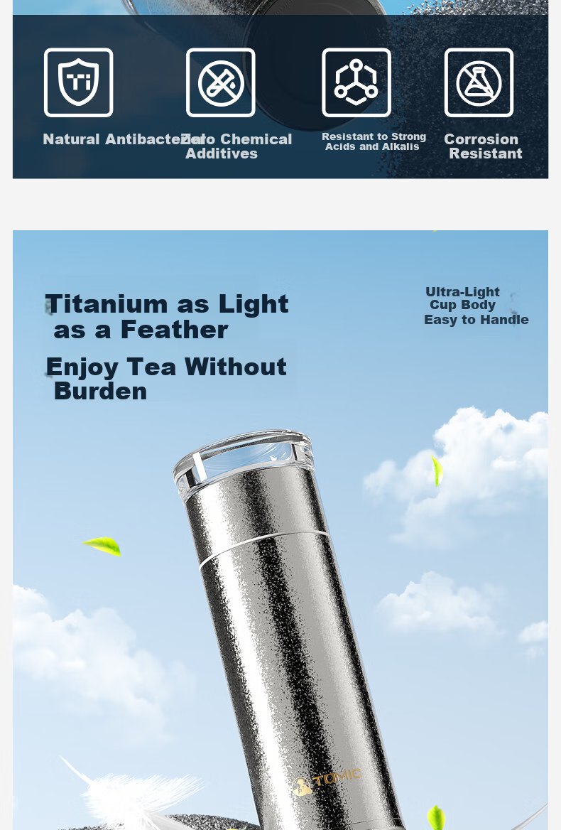 TOMIC Titanium Insulated Tea Separation Mug for Men Office Tea Cup Antibacterial Tea Brewing Cup Custom Gift Souvenir 8