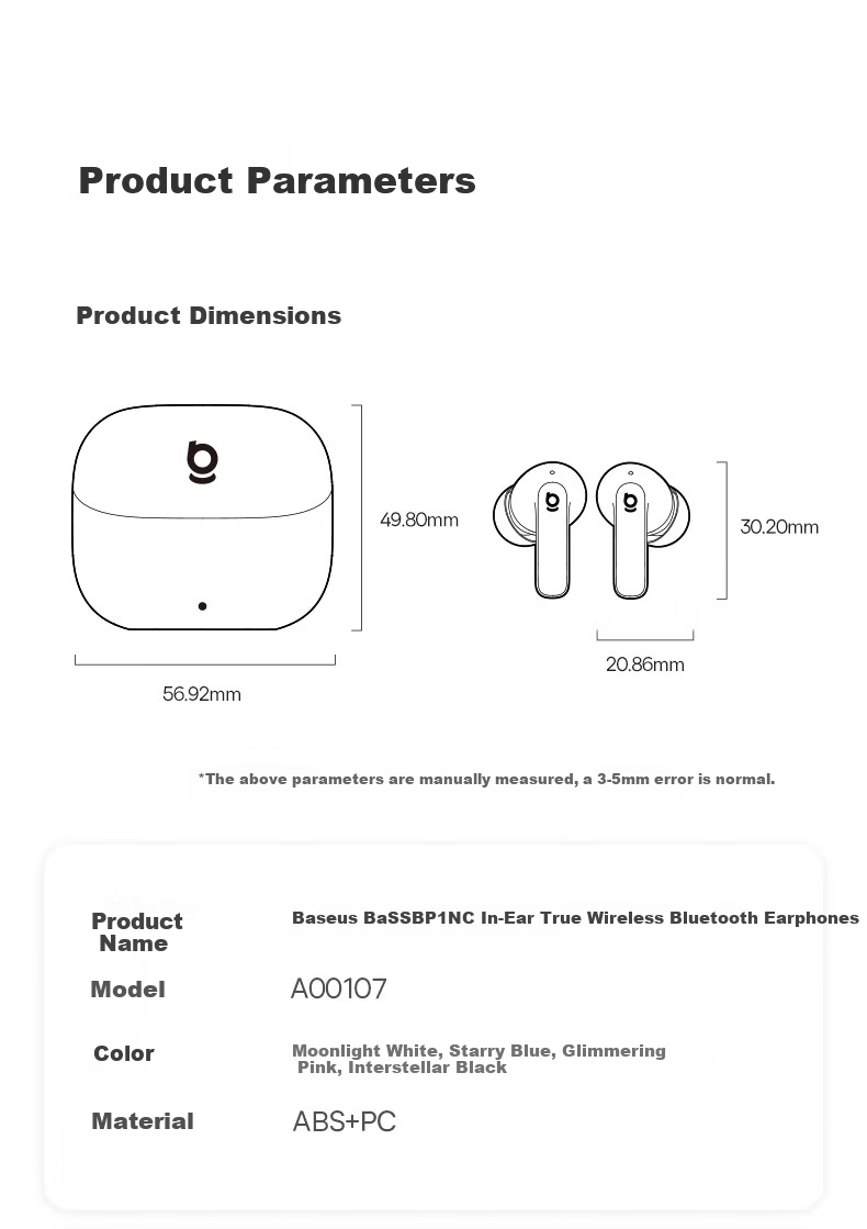 BASEUS BP1 NC In-Ear True Wireless Bluetooth Earphones Deep Noise Cancellation Long Battery Life Custom Touch Control Compatible with Apple iPhone 17 Huawei Vivo Phones Gift 30