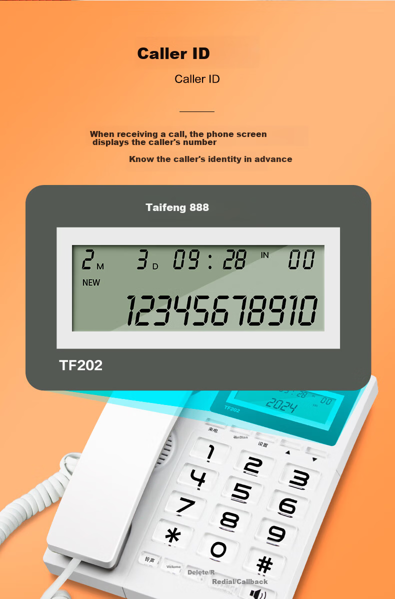 Taifeng 888 Landline Phone Fixed Telephone Office Home Wired Phone Battery-Free Dual Interface Hands-Free Caller ID TF202 White 3