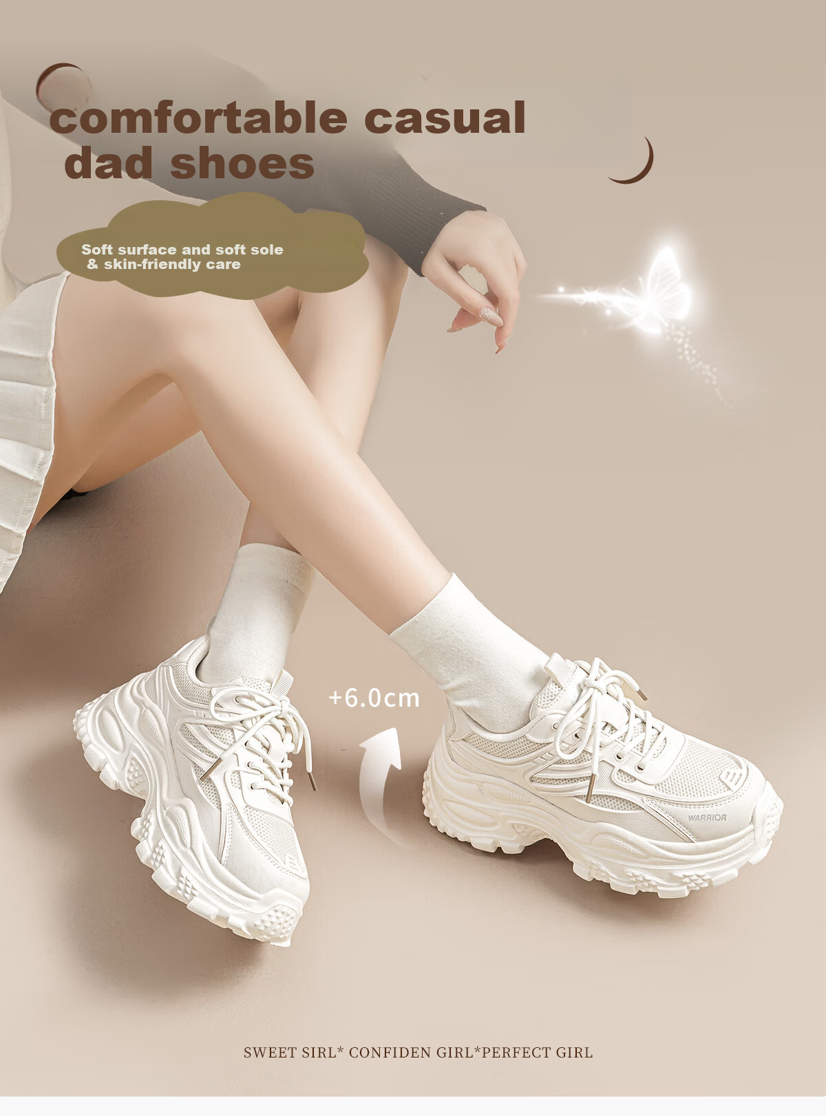Warrior Thick Sole Height Increasing Dad Shoes Women's New Comfortable Non-Slip Fashion Sports Casual Shoes Beige 38 1