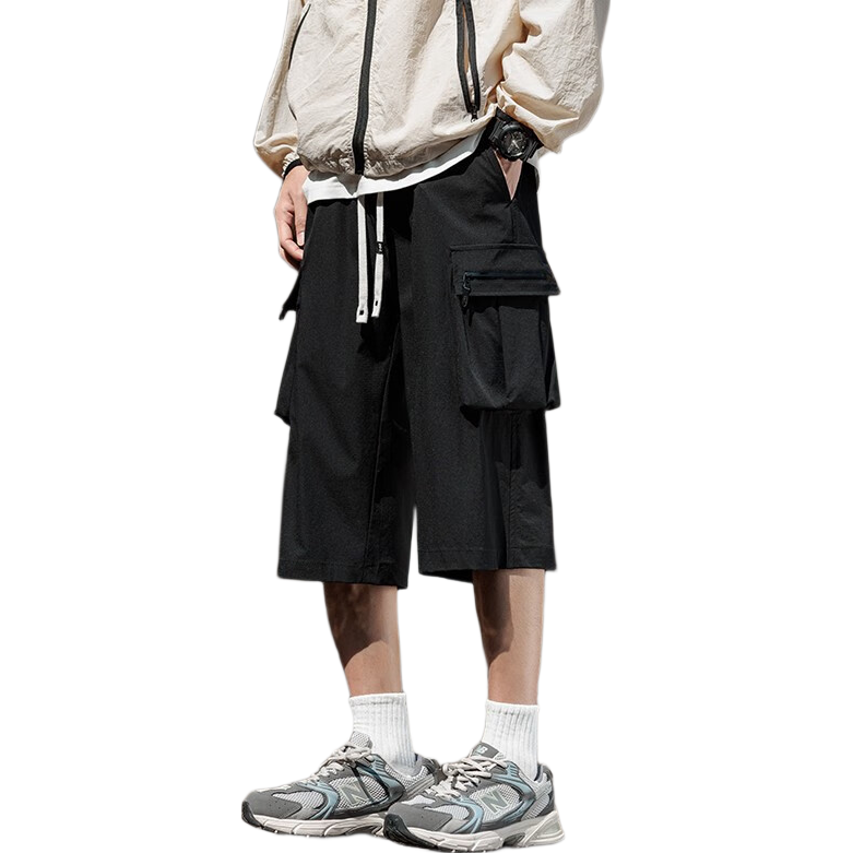 Foss Phil Breathable Quick-Dry Capri Pants for Men, Spring And Summer Loose-Fit Cargo Straight-Leg Casual Trousers K172 Black 2XL