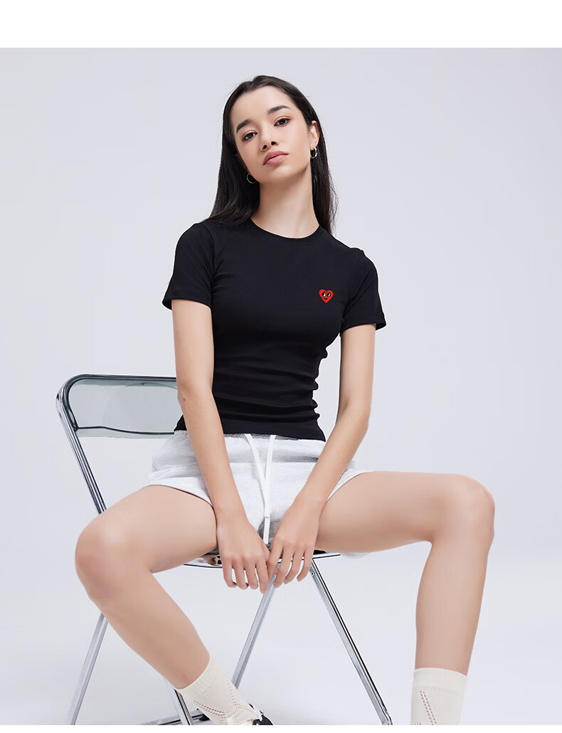 Charles Peach Heart [Wang Churan Same Style] Summer New Short Sleeve T-Shirt Women's Slim Fit Waist White XXF 13