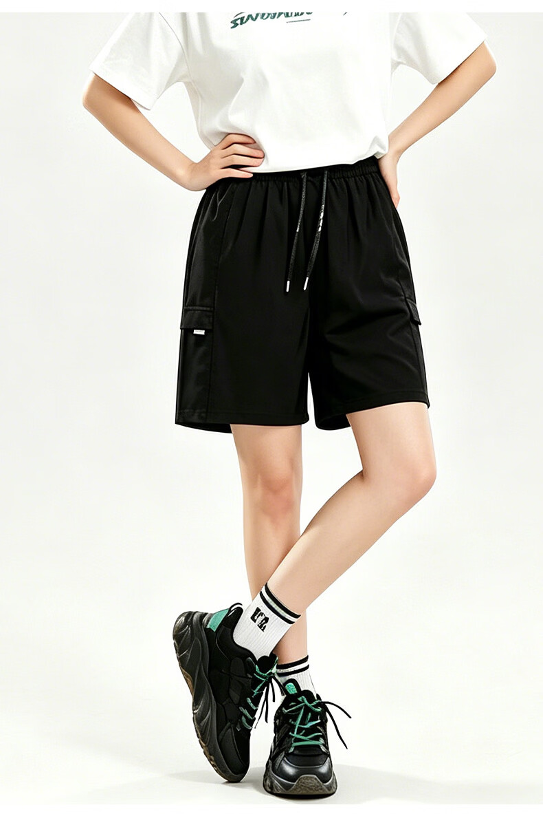Xueqiman Ice Silk Workwear Quick-Dry Women's Shorts 2026 Summer New Loose Straight Sports Shorts Black Knee-Length Pants 10