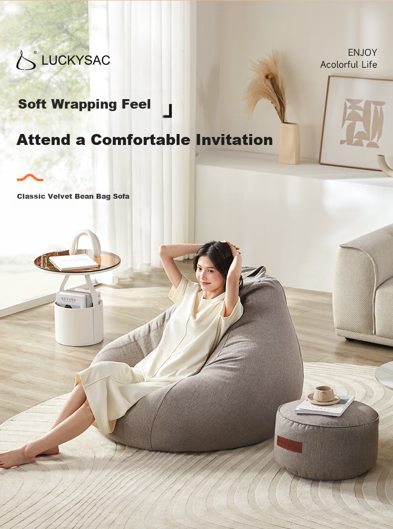 LUCKYSAC Lazy Sofa Bean Bag EPP Single Fabric Living Room Bedroom Balcony Small Sofa Premium Set Warm Gray 1