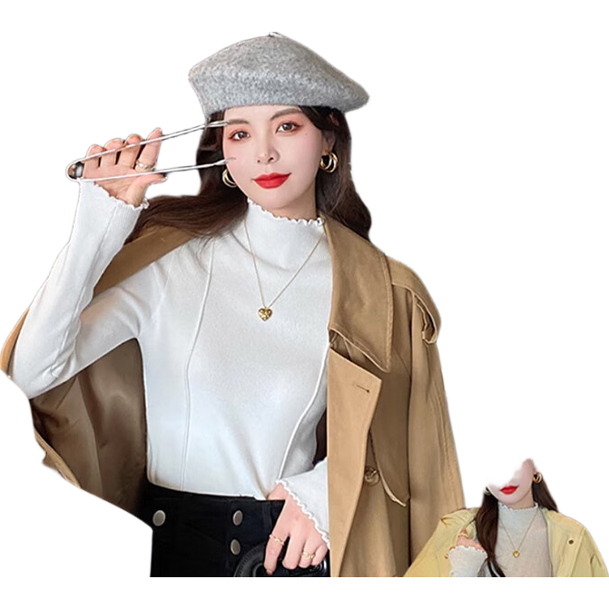 LangSha Knitted Lace Trim Base Shirt for Women [25 Autumn And Winter New Arrival], Thickened Chanel-Style Inner Layer Sweater Base Top
