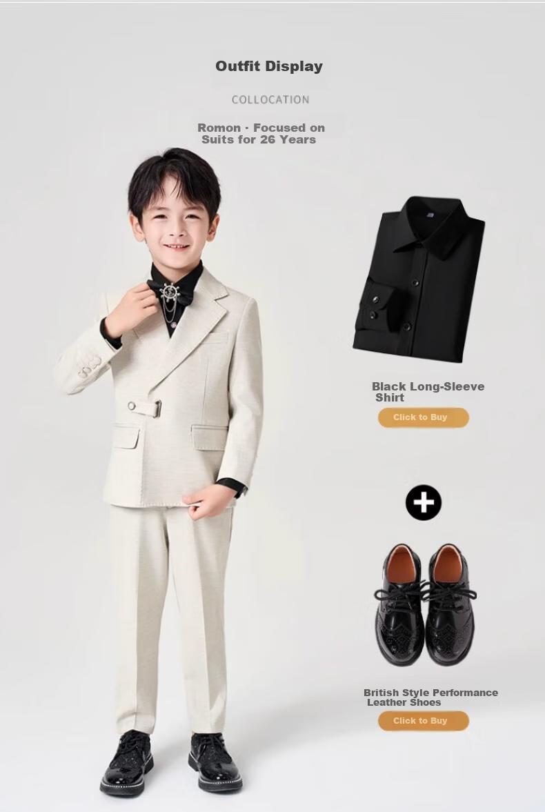 Romon Kids Suit Set Flower Boy Piano Performance Host Tuxedo Boys First Birthday Suit Off-White 160 5