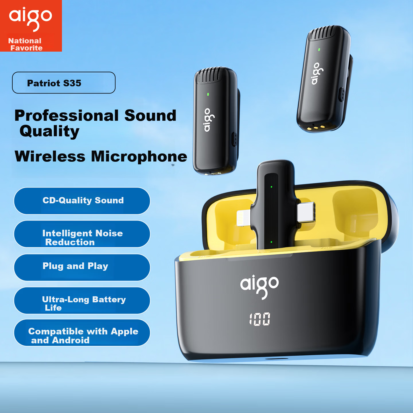 Aigo S35 Wireless Lavalier Microphone Live Streaming Recording Interview Outdoor Short Video Noise Reduction Charging Case Version 2-in-1 Advanced Edition [New]