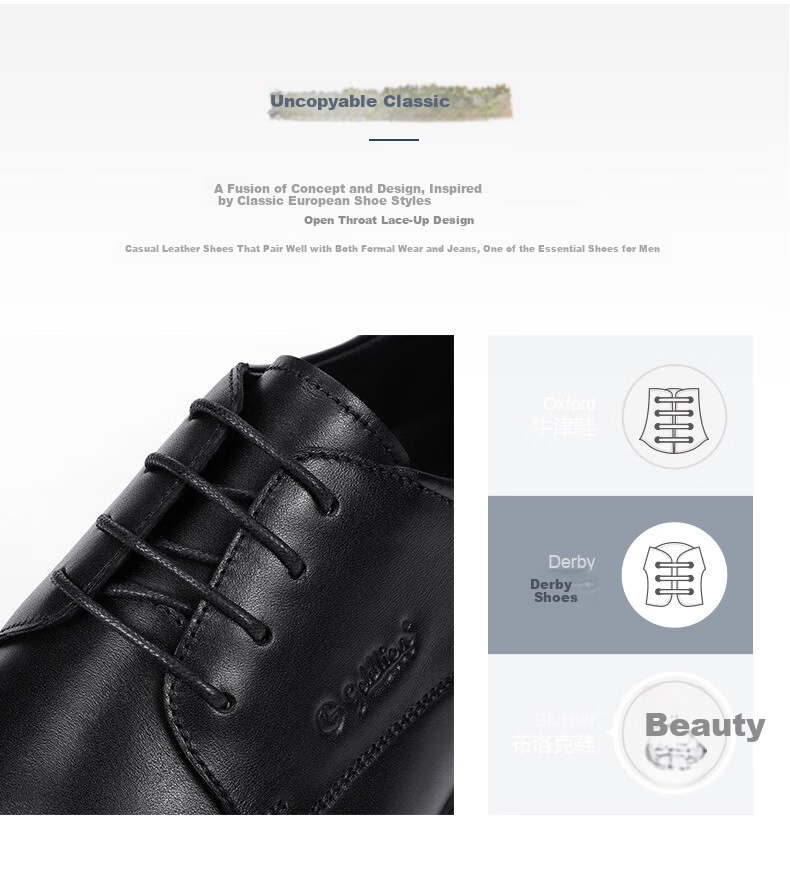 Goldlion First Layer Cowhide Men's Lace-up Pure Color Casual Business Formal Leather Shoes Black Size 40 2