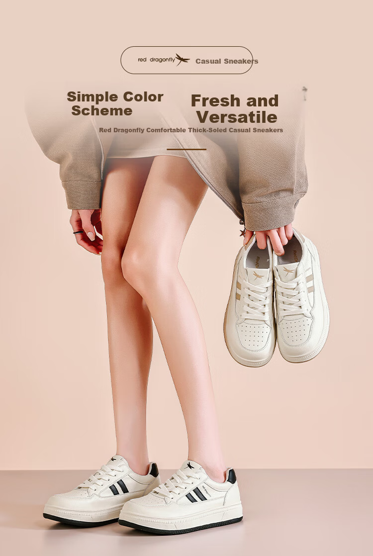 Red Dragonfly Women's Thick Sole Commuter Height-Increasing Sneakers Soft Sole Sports Casual Simple White Shoes EXB160951 Beige Black Size 38 1