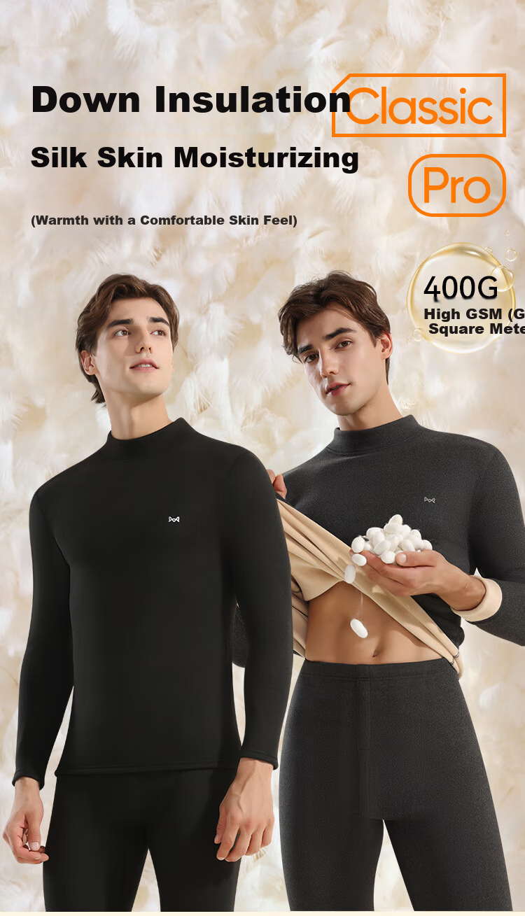 MiiOW [Goose Down & Silk 7A Antibacterial] Men's Thermal Underwear Fleece Thickened Autumn Shirt and Pants Warm Set 1