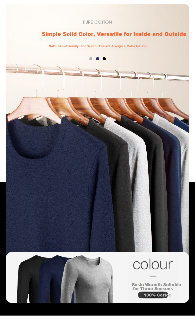 Hengyuanxiang Plus Size Autumn Men's 100% Cotton Thin Antibacterial Warm Underwear Set Spring and Autumn 3