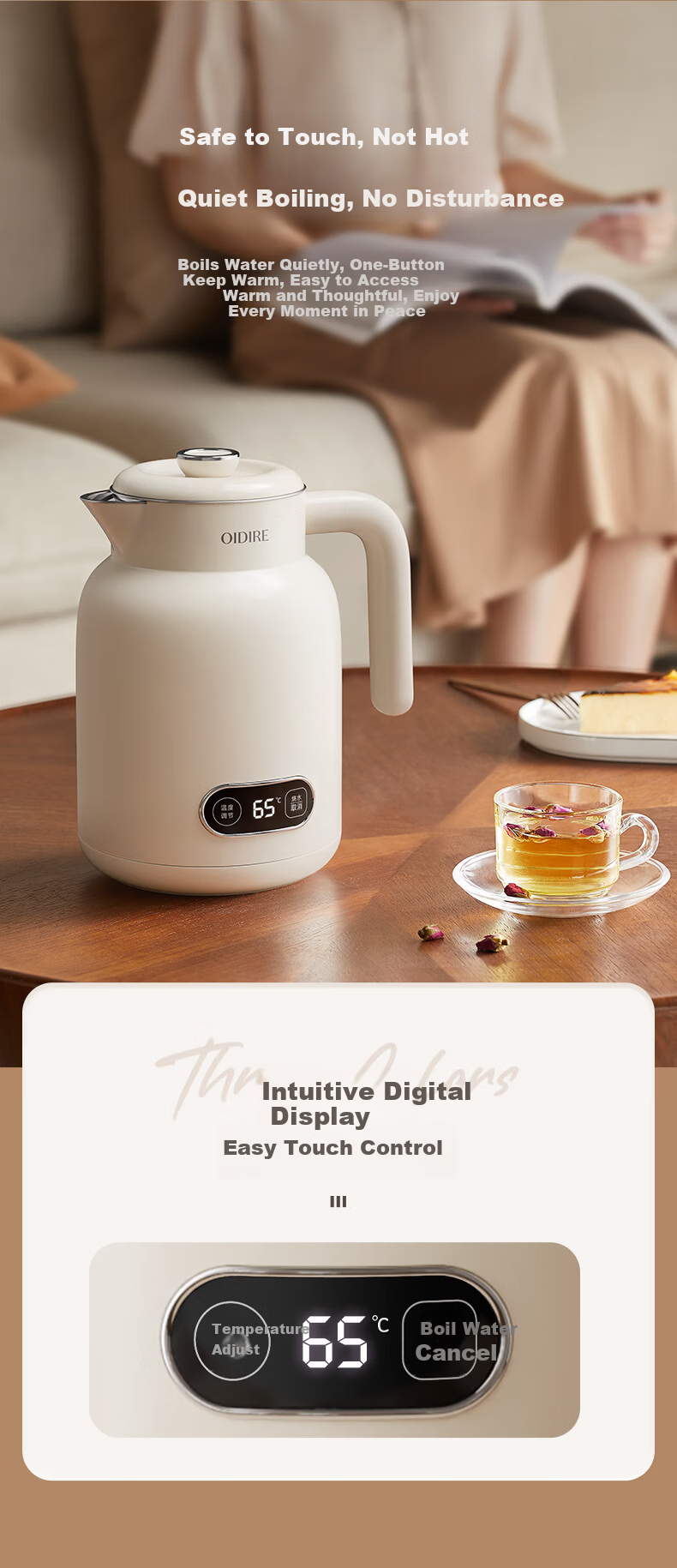 OIDIRE Smart Temperature Control Kettle Electric Water Kettle Multi-Stage Temperature Adjustment 316 Stainless Steel Seamless Inner Liner Insulated Health Kettle 1.2L ODI-DR10 12