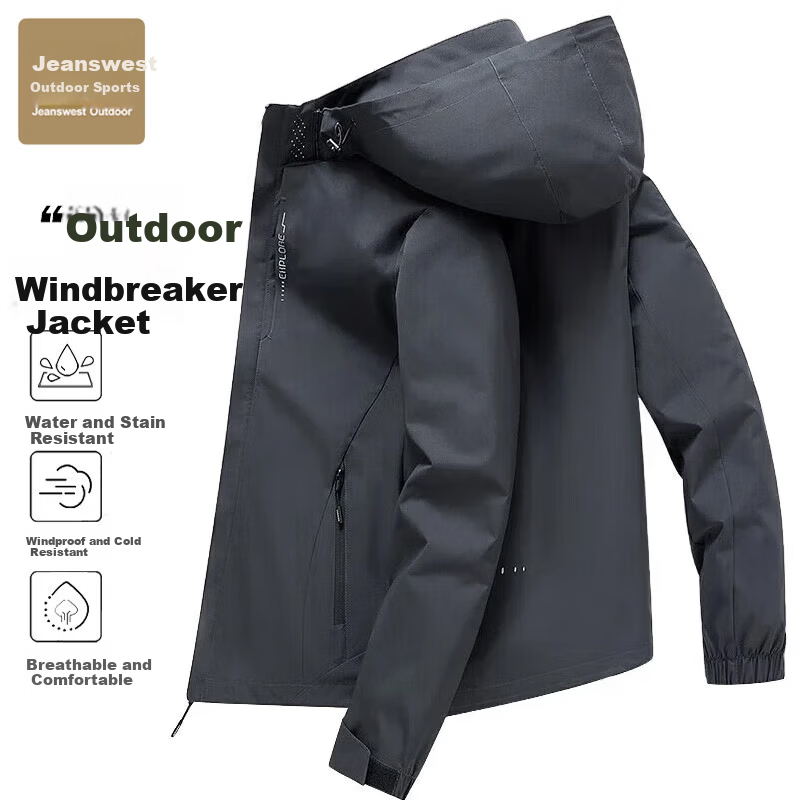 Jeanswest Men's Outdoor Sports Jacket Autumn Winter Waterproof Hooded Long Sleeve Mountaineering Coat Black 2XL