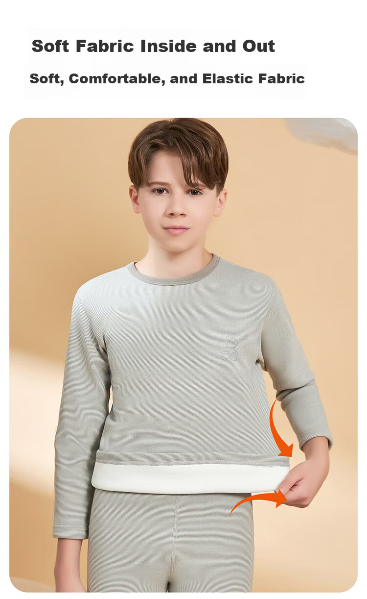 Hodo Kids Boys Thermal Underwear Set Fleece Lined Thickened Cationic Winter Heat Retaining Autumn Shirt and Pants Gray Thin Stripes 8