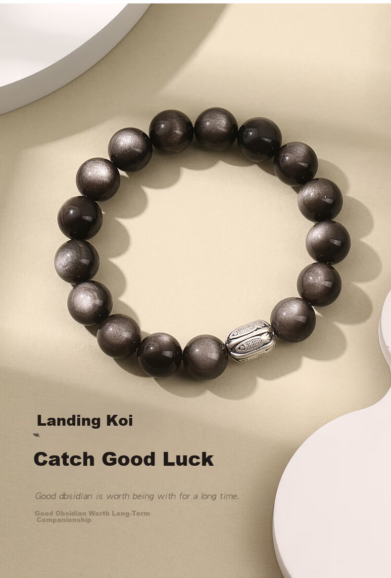 Chinese Jewelry Pure Silver Obsidian Lucky Koi Bracelet Men's High-End Black Obsidian Beaded Bracelet 520 Birthday Gift for Boyfriend and Girlfriend 11