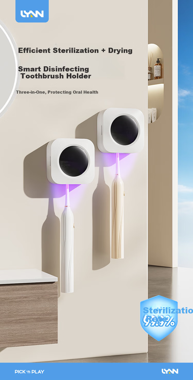 LYNN Toothbrush Holder Portable Sterilizer Bathroom Electric Toothbrush Rack Sterilization Drying Home No-Drill Wall-Mounted 2