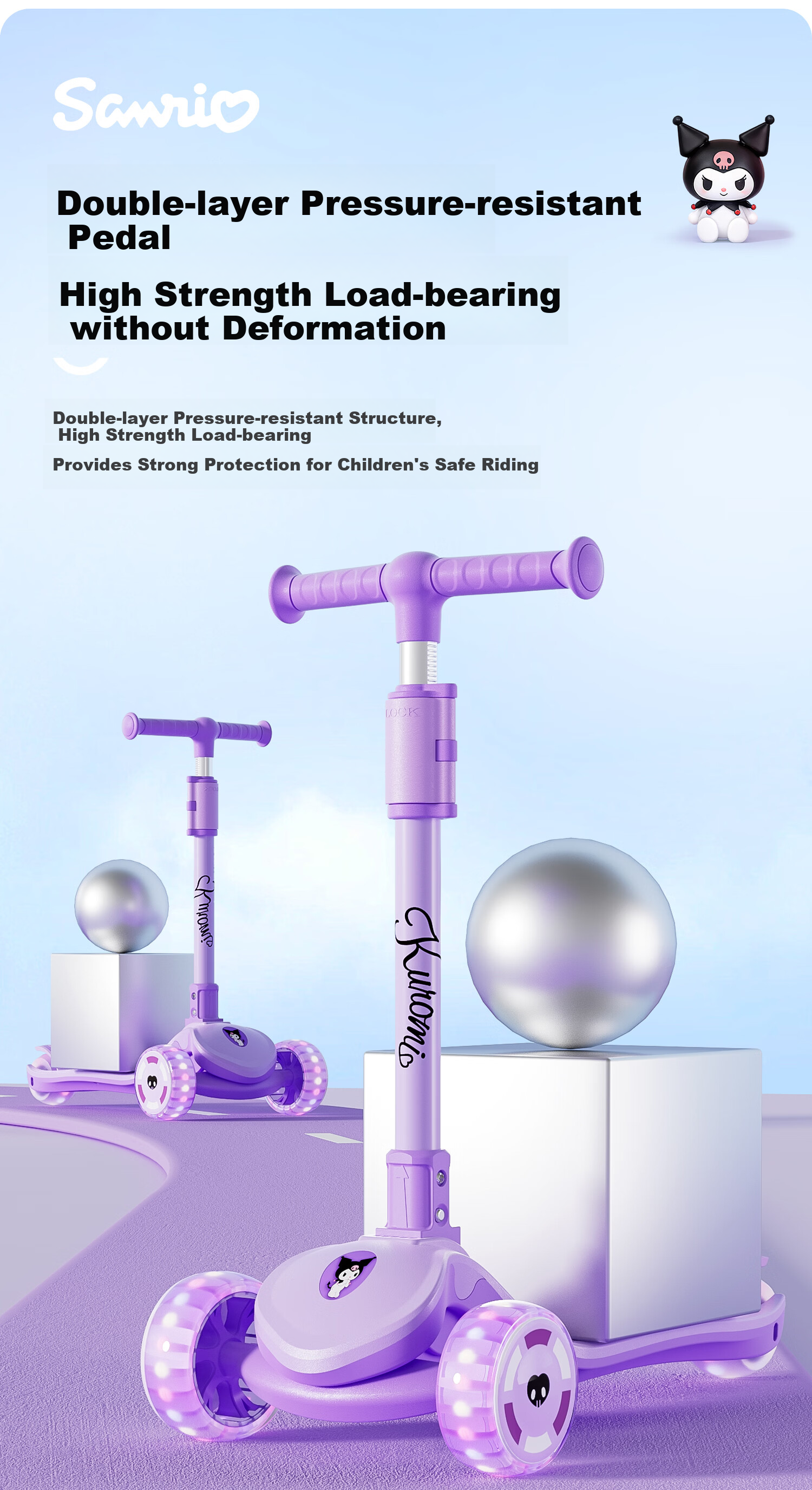 Mesuca Kids Scooter Kuromi Baby Ride-On Scooter Adjustable Foldable Balance Bike for Ages 1-12 9