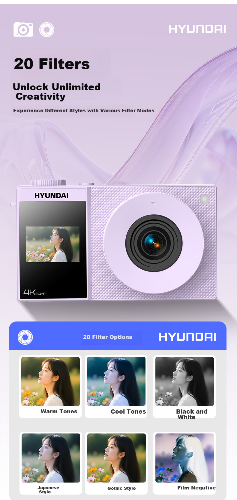 HYUNDAI Modern CCD Digital Camera Vlog Photography Travel Camera Student Entry-Level Dual Screen Selfie Cream White 32GB 9